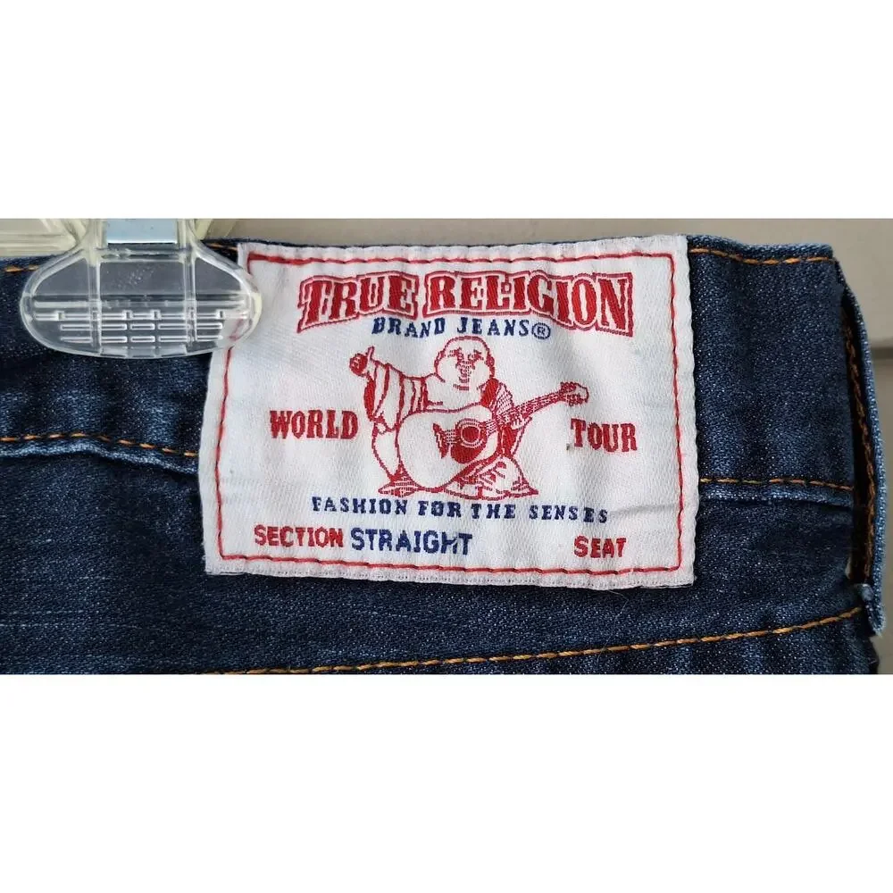 True Religion World Tour Men's Straight Flap Blue Jeans 100% Cotton Size 38x33